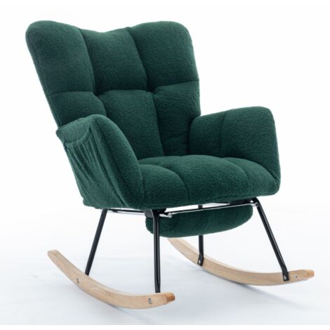 Rocking chair Fauteuil à bascule capitonnrée en tissu teddy tissée avec repose-pieds extensible, charge jusqu'à 110 kg, vert