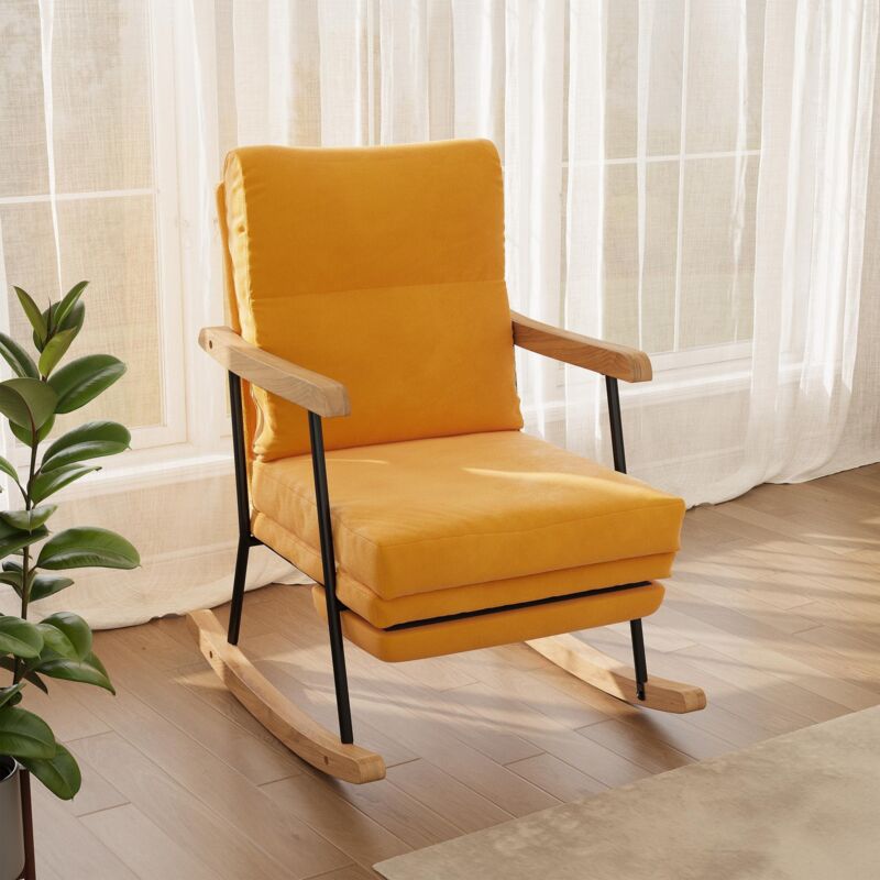Rocking Chair, Fauteuil à bascule, Chaise à bascule Scandinave, avec repose-pieds coulissant, poignées en bois, piètement en métal, lin, Jaune