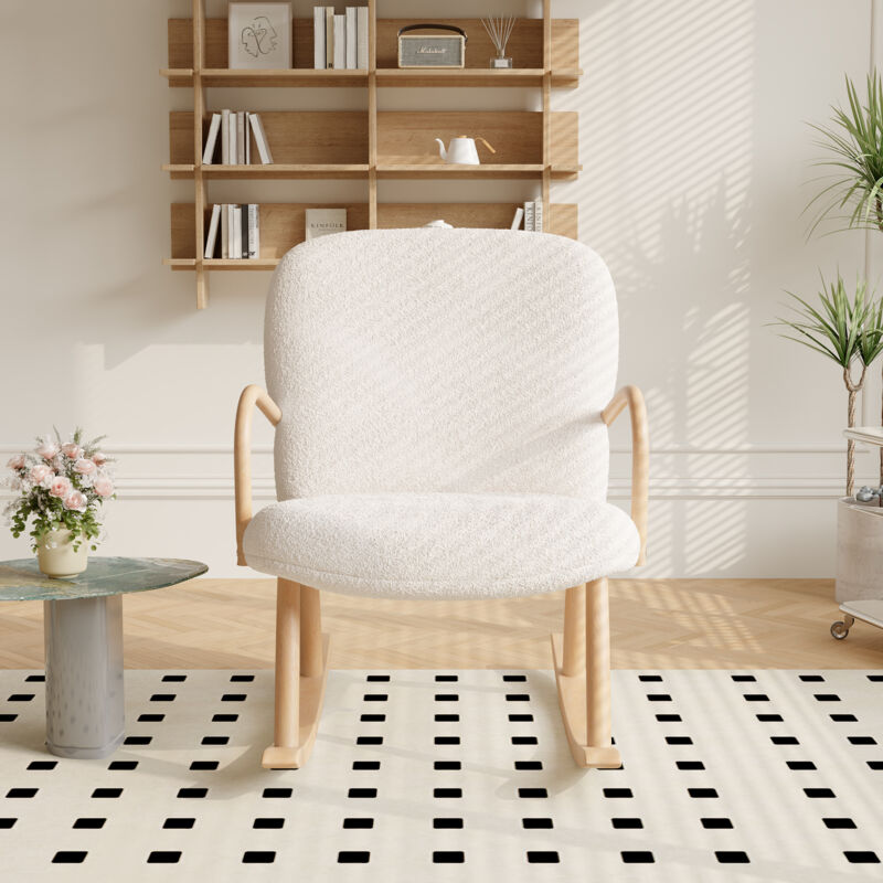 Rocking Chair, fauteuil à bascule confortable en molleton, dossier haut, accoudoir en bois, rembourrage en mousse haute résilience, structure hybride