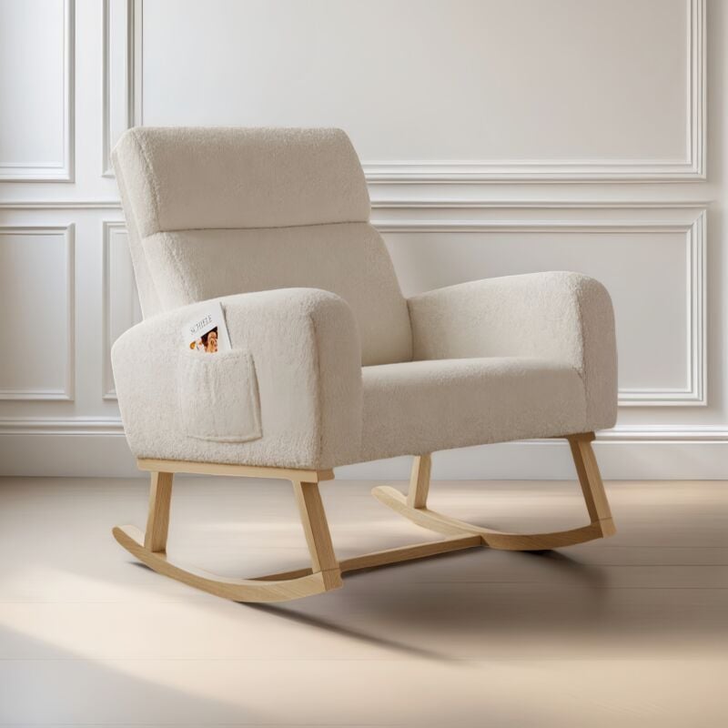 Rocking chair, Fauteuil à Bascule Confortable en Tissu - Fauteuil confortable avec poches latérales, Style Scandinave, Dossier rembourré - Beige