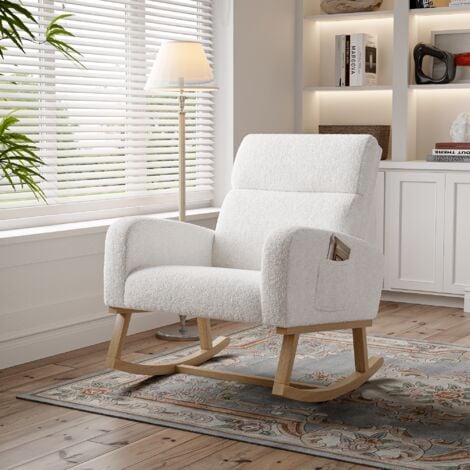 TANANT Rocking chair, Fauteuil à Bascule Confortable en Tissu - Fauteuil confortable avec poches latérales, Style Scandinave, Dossier rembourré - Blanc