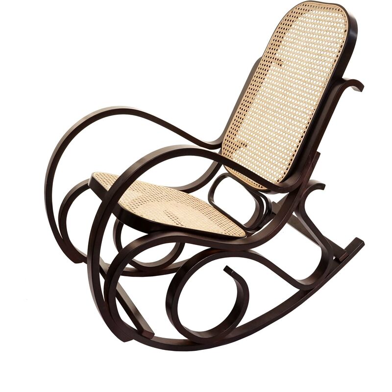 HHG - Rocking-chair fauteuil à bascule, couleur noyer, rotin - brown