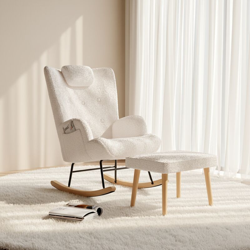 Rocking Chair, Fauteuil à Bascule en peluche, avec douce repose pieds, Dossier avec appui-tête rembourré et poches latérales, style Scandinave - Blanc