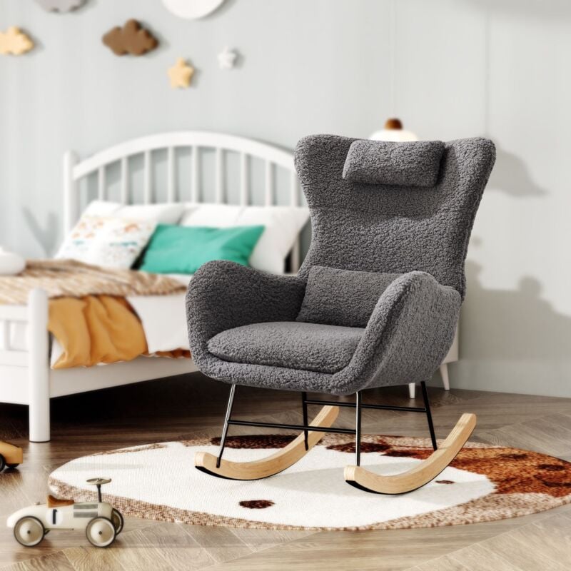 Rocking chair Fauteuil à bascule avec dossier haut, appui-tête et coussin lombaire peluche teddy, charge jusqu'à 160 kg, gris