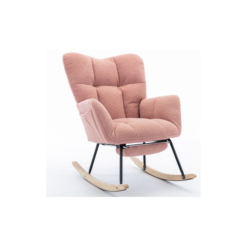 Rocking chair Fauteuil à bascule capitonnrée en tissu teddy tissée avec repose-pieds extensible, charge jusqu'à 110 kg, rose