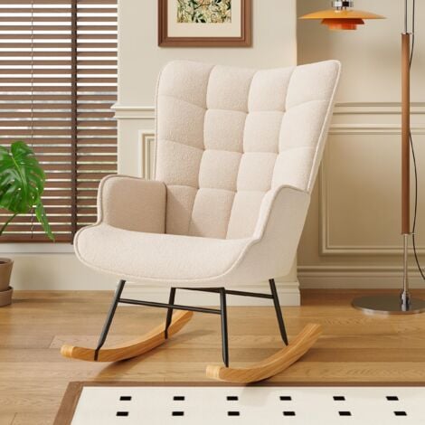 EIFSON Rocking chair,Fauteuil à bascule en peluche confortable,dossier haut, accoudoirs rembourrés, mousse haute densité, pieds en hêtre naturel - Beige