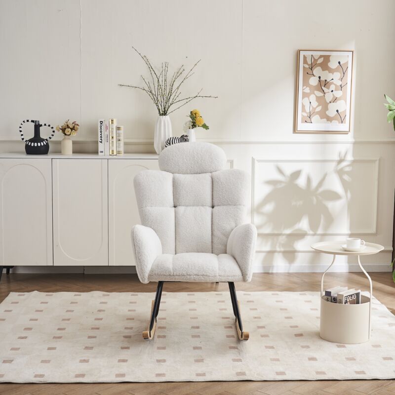 Rocking chair, Fauteuil à Bascule en peluche confortable, Dossier rembourré, Cadre Noir, Pieds en Bois Massif, adapté au Salon, à la Chambre à