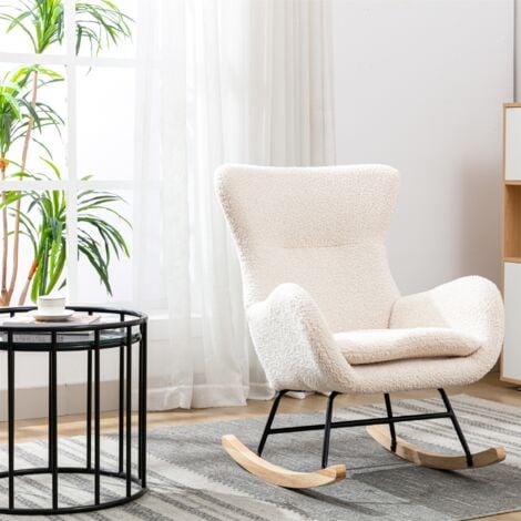 TANANT Rocking Chair, Fauteuil à Bascule en peluche - dossier confortable, Avec pieds en bois, Rocking chair avec accoudoirs, sherpa - Beige