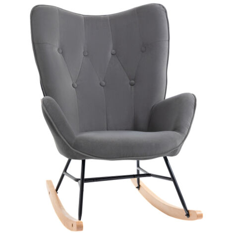 Rocking chair, fauteuil à bascule en polyester avec dossier haut et pieds en métal et bois, gris foncé