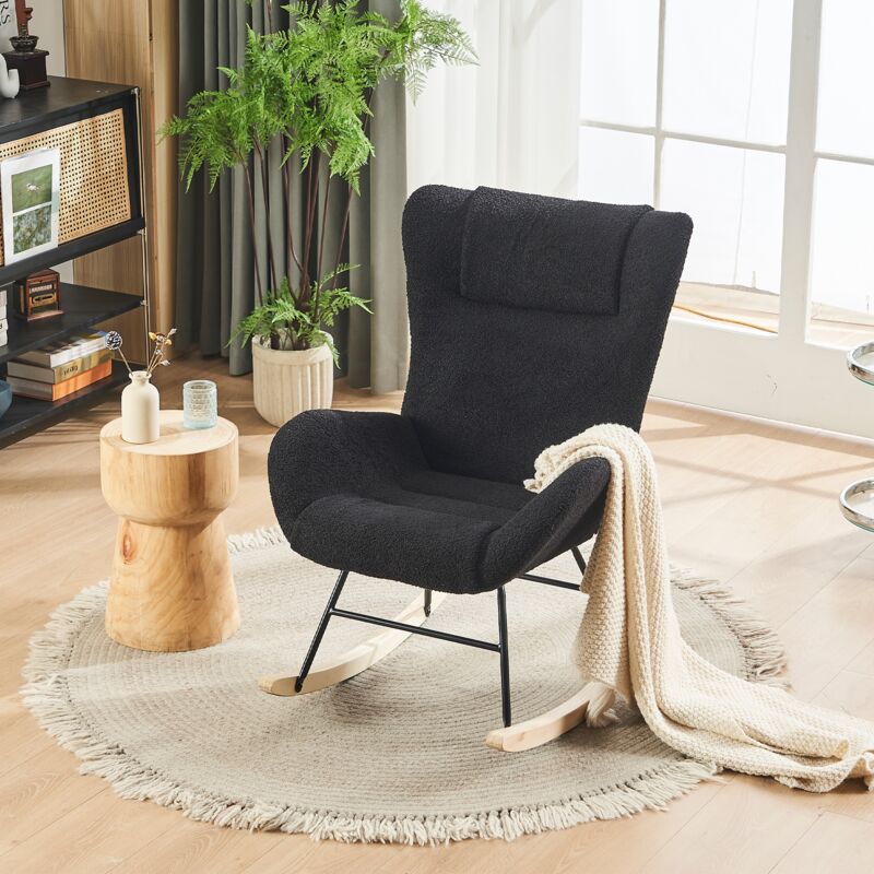 Rocking chair, Fauteuil à bascule en velours - dossier confortable, cadre noir, bois massif, Scandinave, Gris