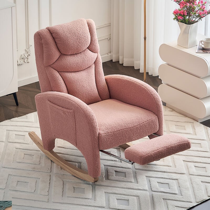 Rocking chair, Fauteuil à bascule, fauteuil relax rembourré avec repose-pieds, chaise de salon, tissu Teddy, charge 110 kg, rose