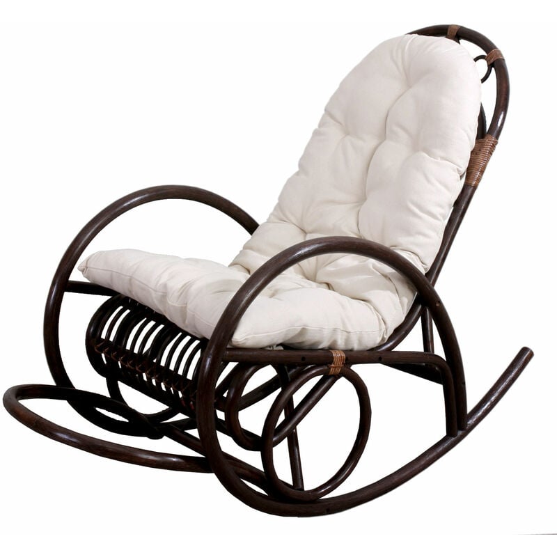 jamais utilisé] rocking-chair fauteuil à bascule hhg 648, bois marron coussin blanc - white