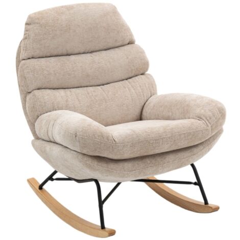 Rocking chair-fauteuil à bascule rembourré-pieds acier-pattins bois-blanc crème-69x65x107-115cm
