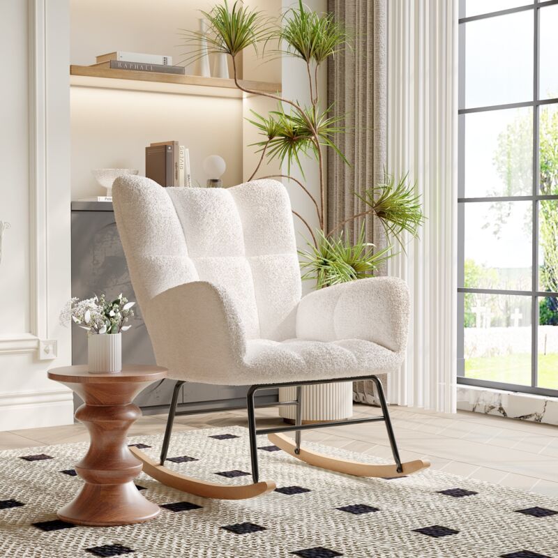 Fauteuil à bascule, Rocking chair scandinave, en tissu touffeté et rembourré pour le salon et la chambre à coucher, Blanc