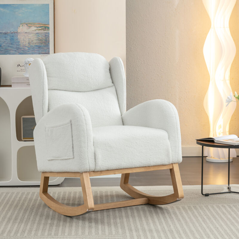 Rocking chair, fauteuil, chaise rembourrée, tissu Teddy, confortable, salon/chambre, blanc