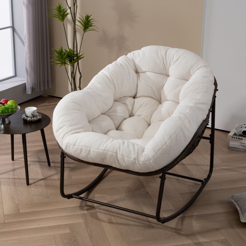 Tanant - Rocking chair, Fauteuil rembourrée - Chaise berçante en rotin d'extérieur, cadre en acier, Style Scandinave - Blanc