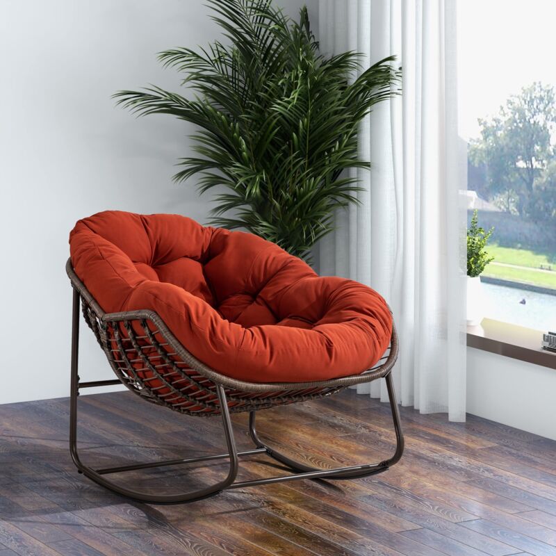 Tanant - Rocking chair, Fauteuil rembourrée - Chaise berçante en rotin d'extérieur, cadre en acier, Style Scandinave - Orange