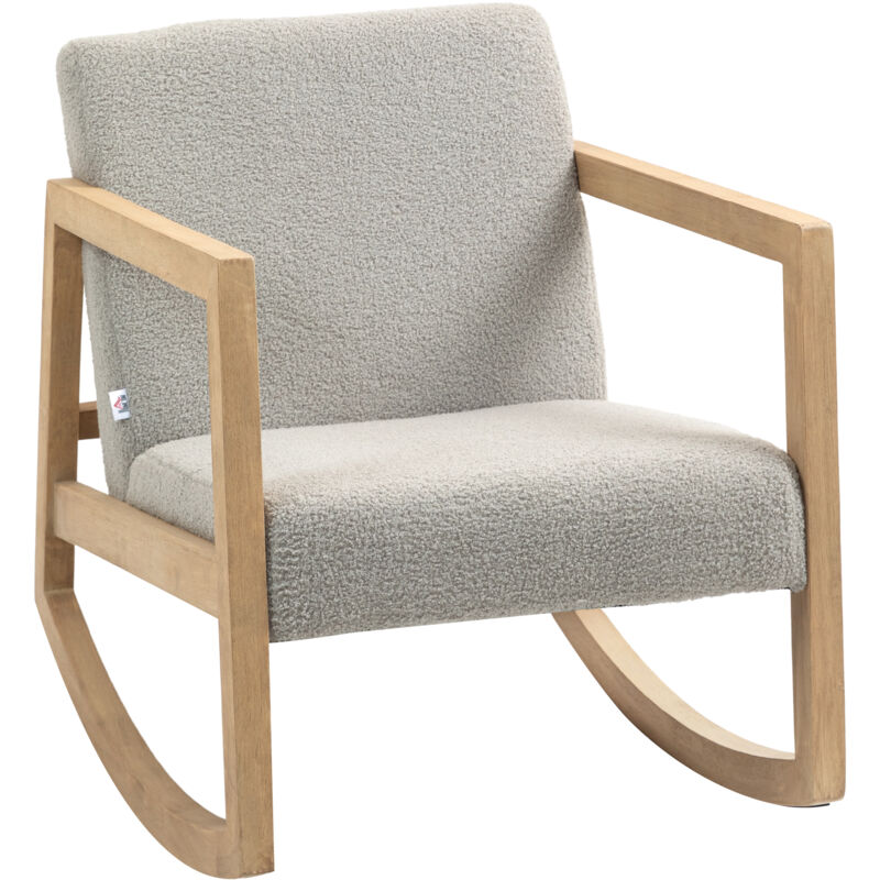 Fauteuil lounge à bascule bois hévéa revêtement effet peau de mouton polyester gris