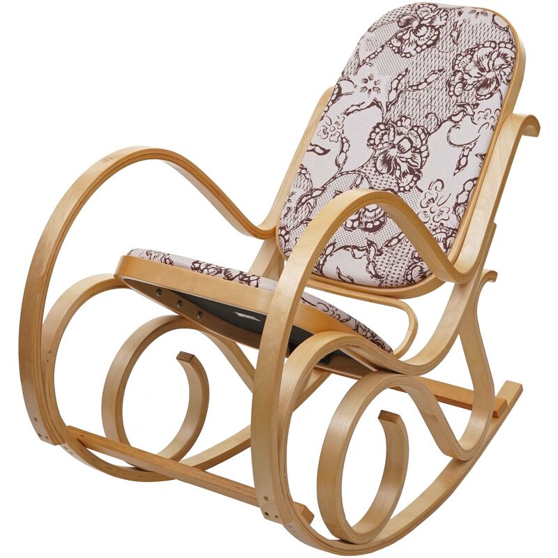 hhg - fauteuil a bascule m41, fauteuil tv, bois massif ~ aspect chene, tissu/textile jacquard marron