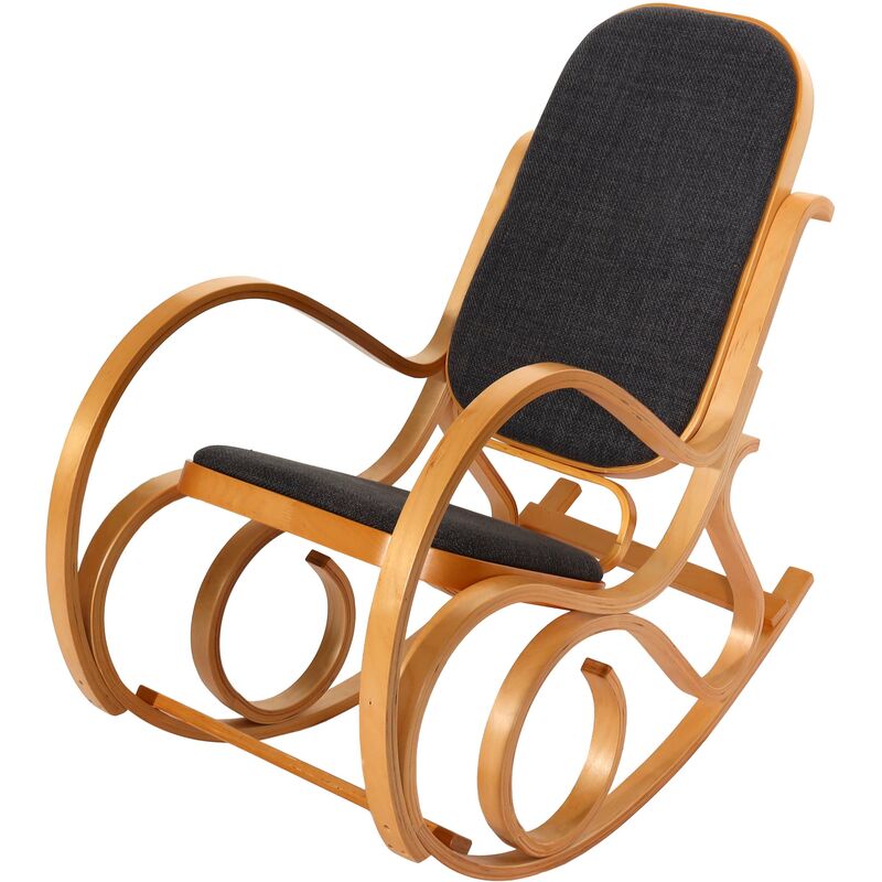 hhg - fauteuil a bascule m41, fauteuil tv, bois massif ~ aspect chene, tissu/textile gris anthracite