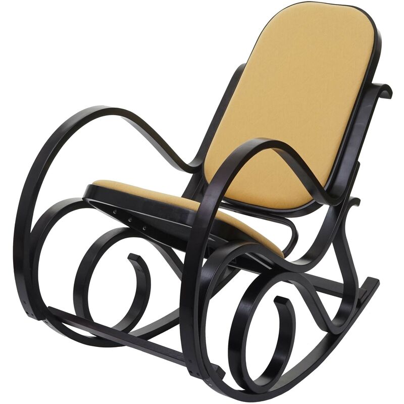 hhg - fauteuil a bascule m41, fauteuil tv, bois massif ~ aspect noyer, tissu/textile jaune