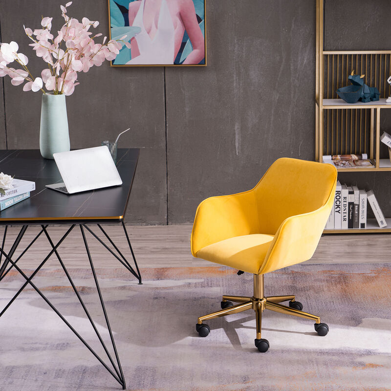 New Velvet Fabric Material Adjustable Height Swivel Home Office Chair For Indoor Office With Gold Legs,Yellow