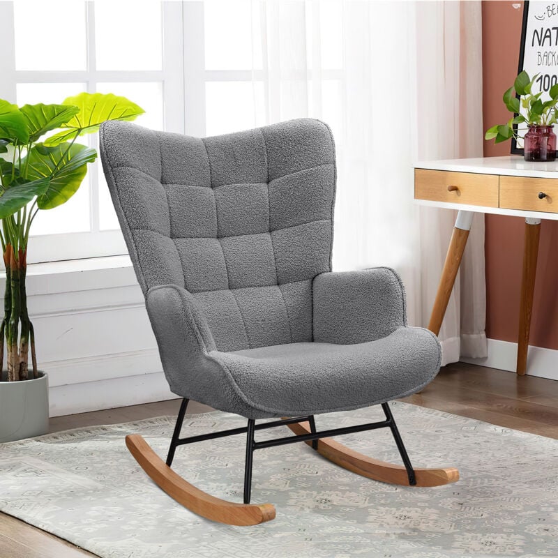 Rocking chair, rocking chair en molleton Teddy, dossier haut, chaise de relaxation, design touffeté, châssis en métal hybride et bois massif, gris