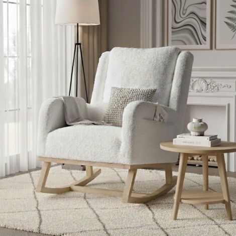 EIFSON Rocking chair scandinave avec accoudoirs et poches latérales, dossier incliné, coussin inclus, pieds en bois massif, tissu Sherpa - Blanc