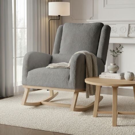 EIFSON Rocking chair scandinave avec accoudoirs et poches latérales, dossier incliné, coussin inclus, pieds en bois massif, tissu Sherpa - Gris