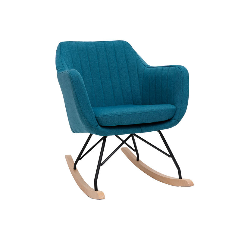 Rocking chair scandinave en tissu bleu canard, métal noir et bois clair aleyna