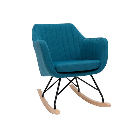 Rocking chair scandinave en tissu bleu canard, métal noir et bois clair ALEYNA
