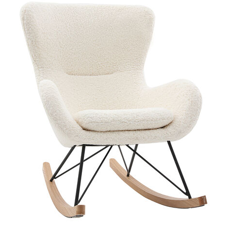 Rocking chair scandinave en tissu effet peau de mouton blanc, métal noir et bois clair ESKUA - Beige