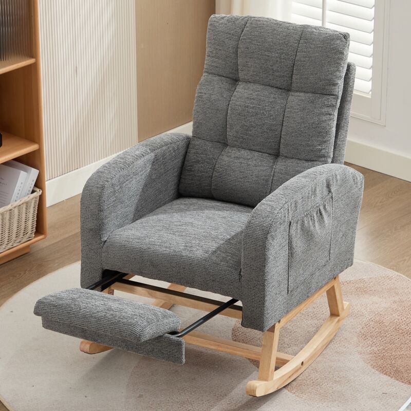 Rocking chair Teddy en velours avec repose-pieds, fauteuil à bascule avec accoudoirs, deux poches latérales, structure en bois massif, pieds en