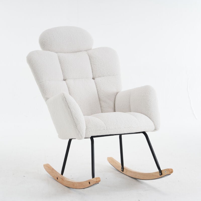Rocking chair, tissu ours en peluche, chaise longue rembourrée, capacité de charge 110 kg, blanc Hauss Spole