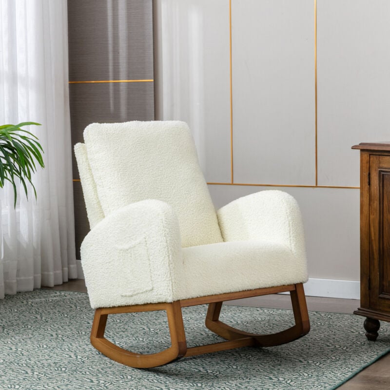 Rocking chair, tissu Teddy, chaise de loisirs de chambre, charge 150KG, avec coussin et sac de rangement latéral, blanc Hauss Spole