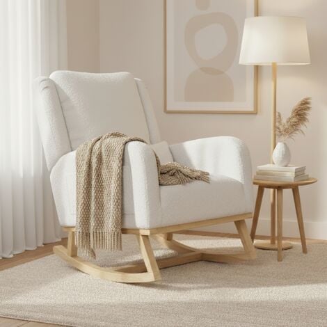 NMONET Rocking chair, tissu teddy, fauteuil à bascule avec accoudoirs et, dossier, pieds en bois, avec poches de rangement latérales - Blanc