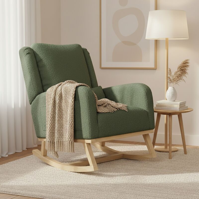 Rocking chair, tissu teddy, fauteuil à bascule avec accoudoirs et dossier, pieds en bois, avec poches de rangement latérales cadre en bois - Vert