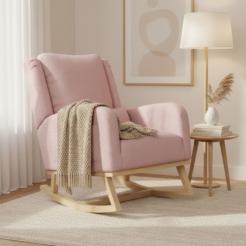 Rocking chair, tissu teddy, fauteuil à bascule avec accoudoirs et dossier, pieds en bois, avec poches de rangement latérales cadre en bois - Rose