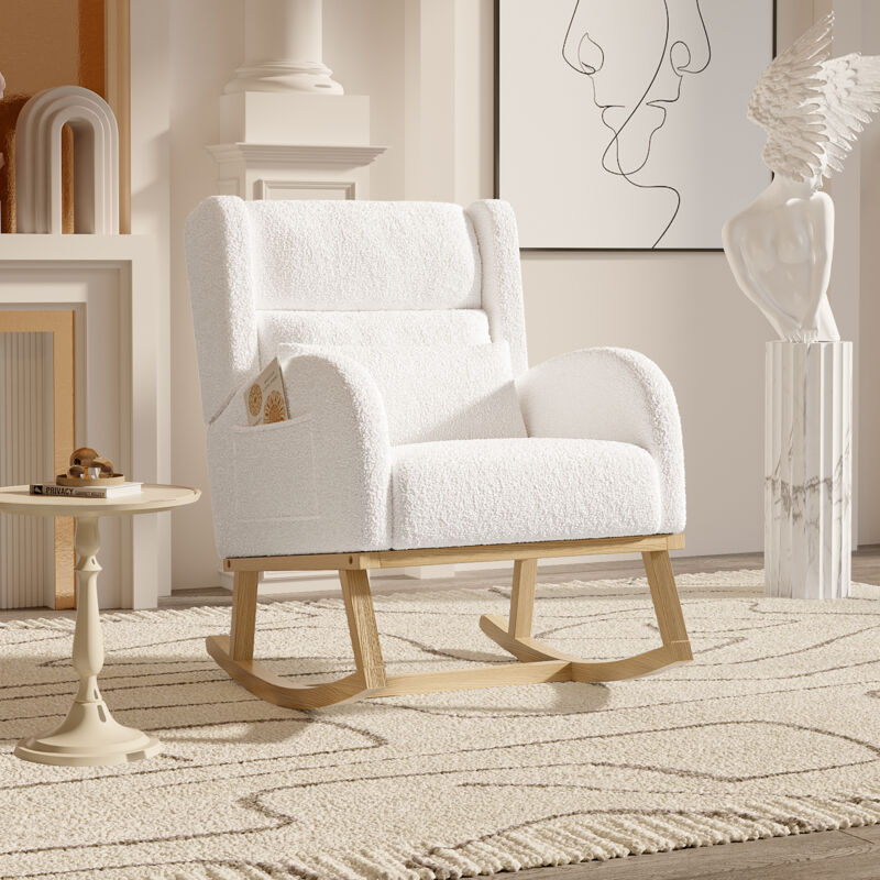 Fauteuil à bascule moderne en velours blanc – Rocking Chair avec Accoudoirs larges – Poches de rangement – Support lombaire – Cadre en bois massif –