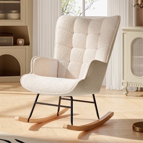 EIFSON Rocking chair,Fauteuil à bascule en peluche confortable,dossier haut, accoudoirs rembourrés, mousse haute densité, pieds en hêtre naturel - Beige