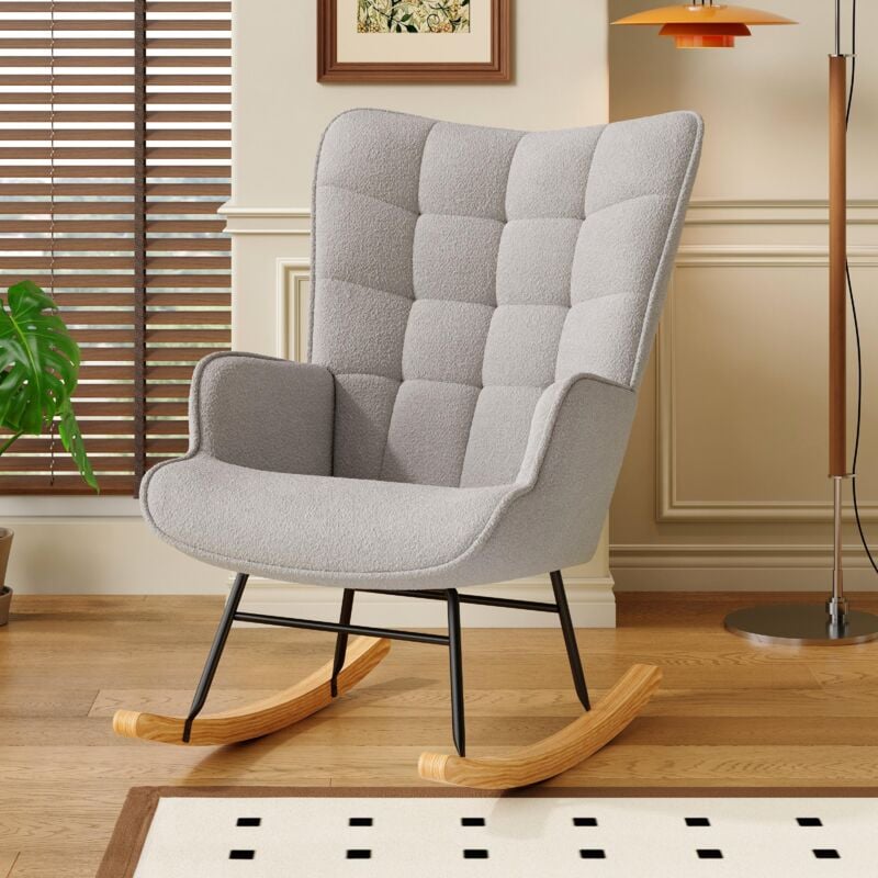 Rocking chair,Fauteuil à bascule en peluche confortable,dossier haut, accoudoirs rembourrés, mousse haute densité, pieds en hêtre naturel - Gris