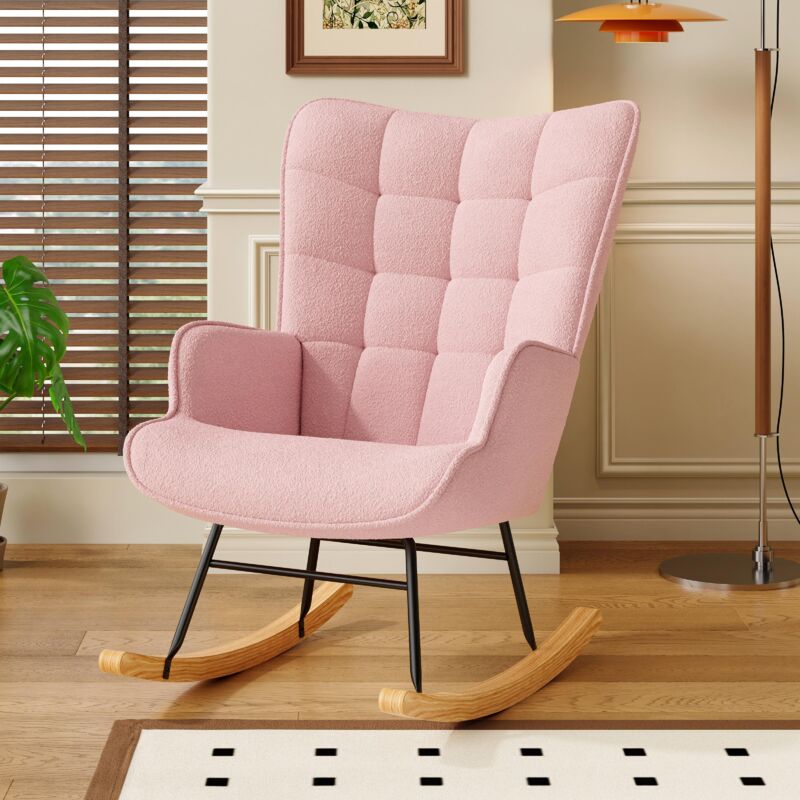 Rocking chair,Fauteuil à bascule en peluche confortable,dossier haut, accoudoirs rembourrés, mousse haute densité, pieds en hêtre naturel - Rose