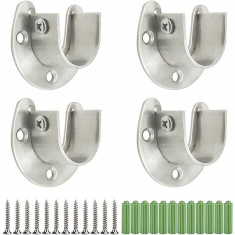 Rod Bracket, 4 Pieces 25mm U-Shape Clamp Brackets with Screws and Extension Pipes, for Wardrobe Clothes Rails for Wardrobe Shower Curtain Rod Holder