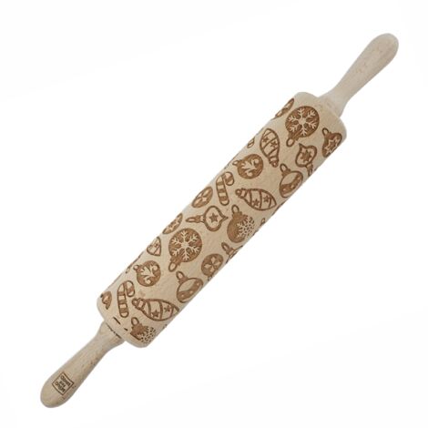Rodillo de madera MoodForWood, grabado, 43 cm con asas, perfecto para hornear - Patrón de adornos para árbol de Navidad