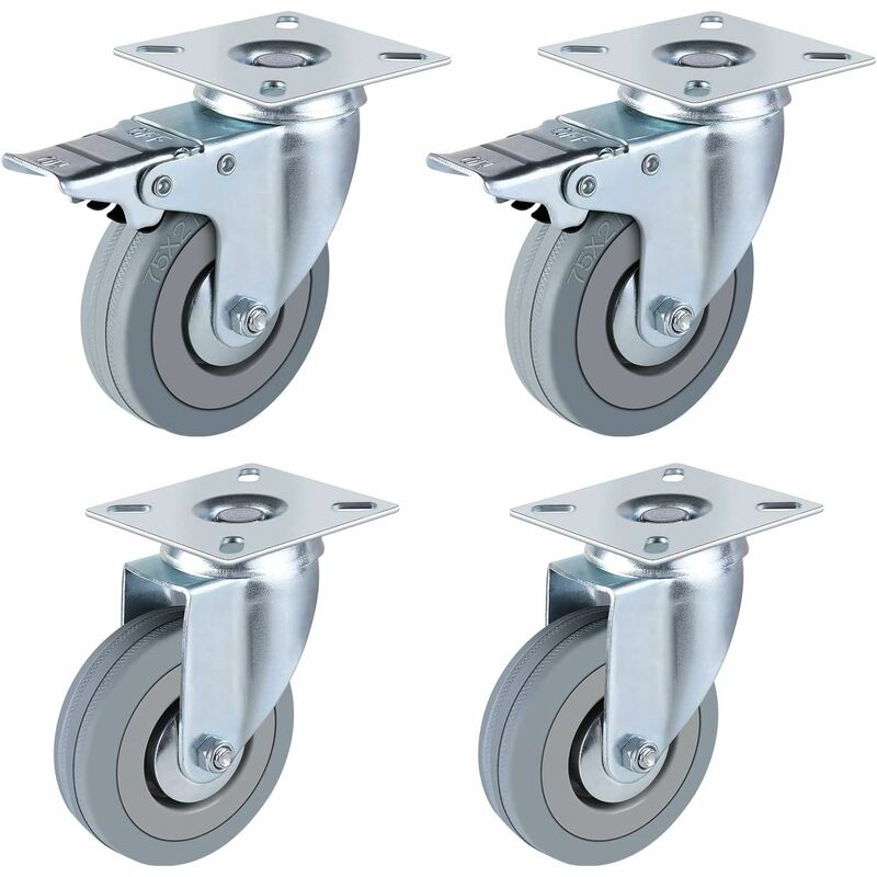 

Rodillos de transporte de 4 piezas Ruedas giratorias de 75 mm Ruedas de servicio pesado con freno, capacidad de carga 150 kg