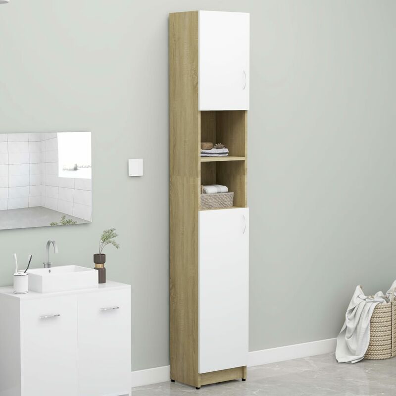 

armario cuarto de baño aglomerado blanco y sonoma 32x25,5x190cm - Rogal