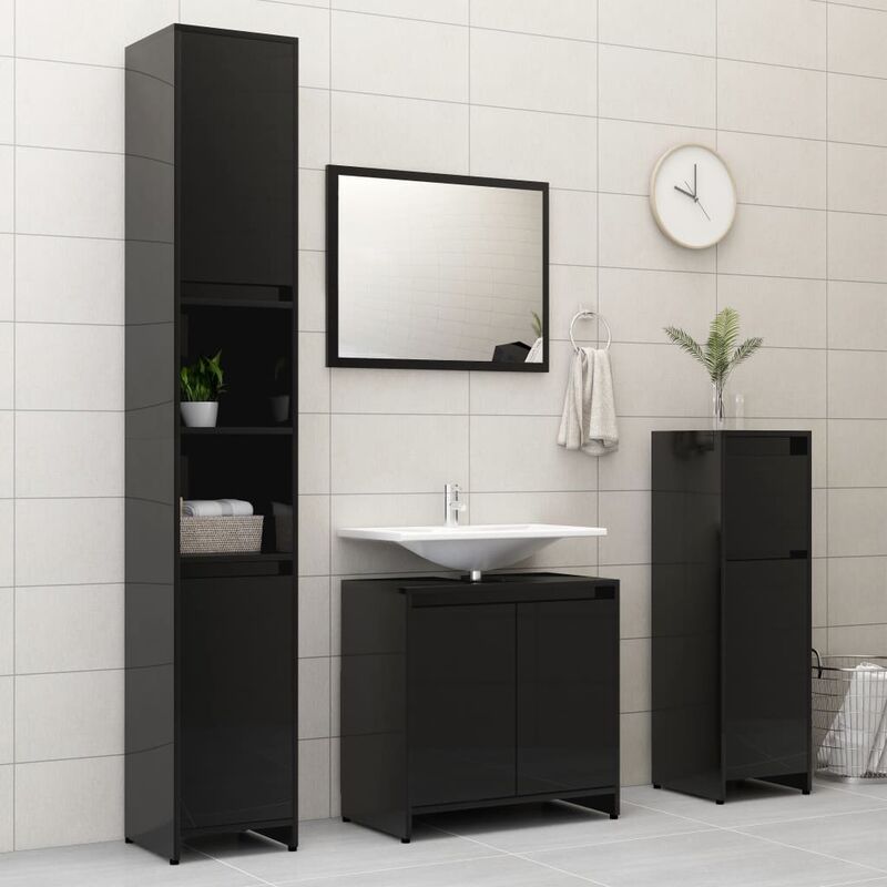 

conjunto de muebles de baño 4 piezas aglomerado negro brillante - Rogal