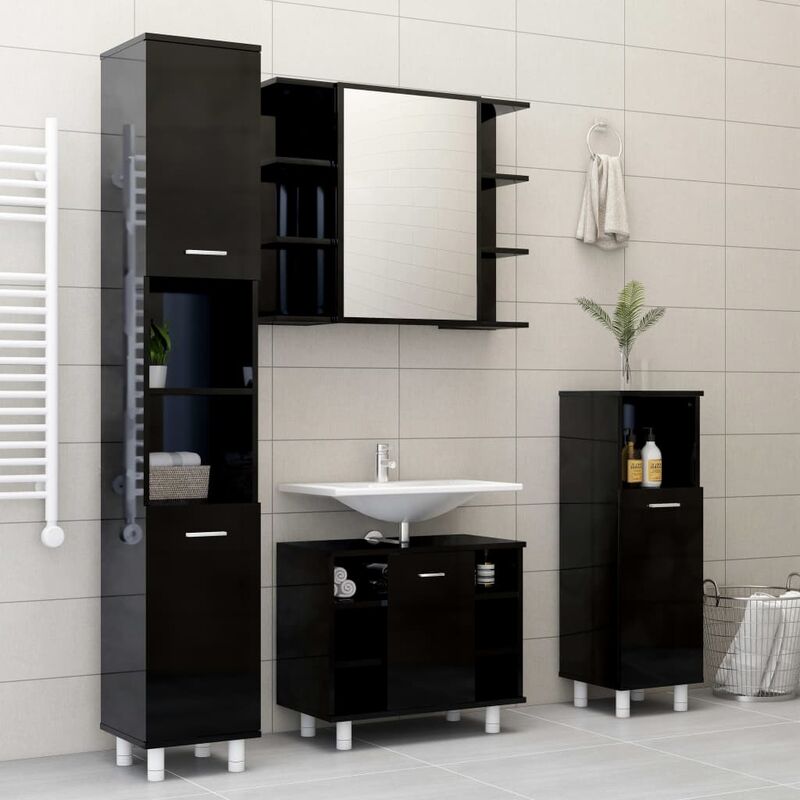 

conjunto de muebles de baño 4 piezas aglomerado negro brillante - Rogal