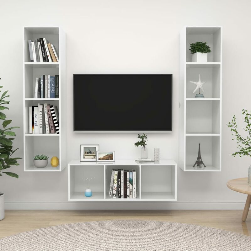 

juego de mueble para tv de 3 piezas aglomerado blanco brillante - Rogal