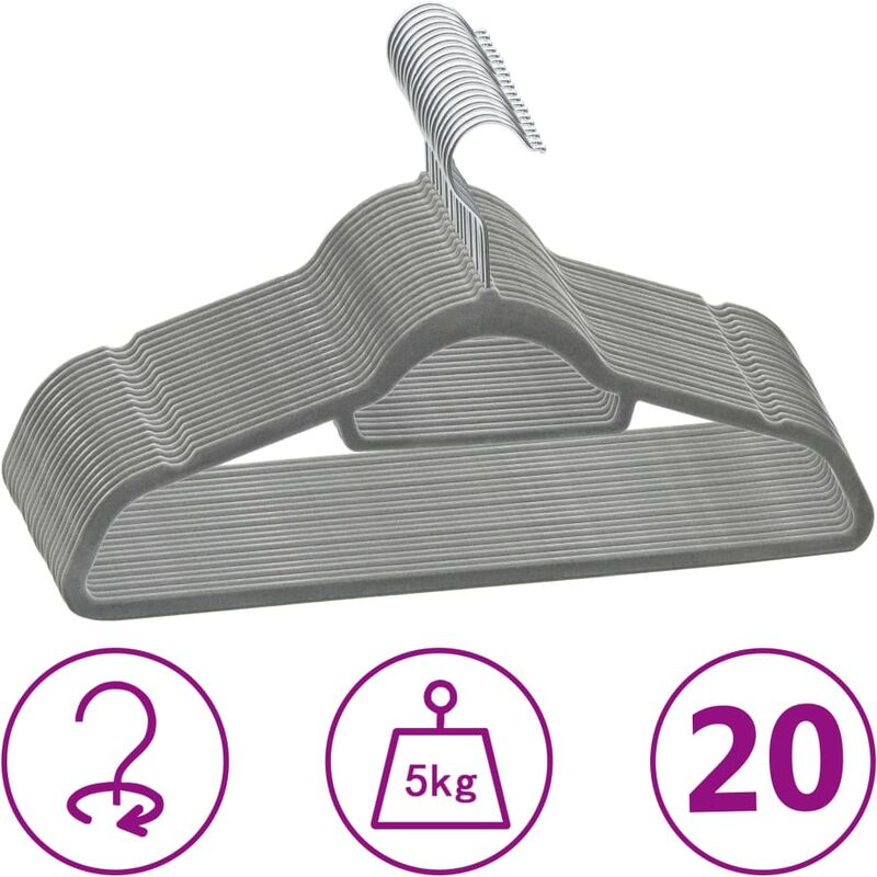 

juego de perchas de ropa 20 uds antideslizantes terciopelo gris - Rogal